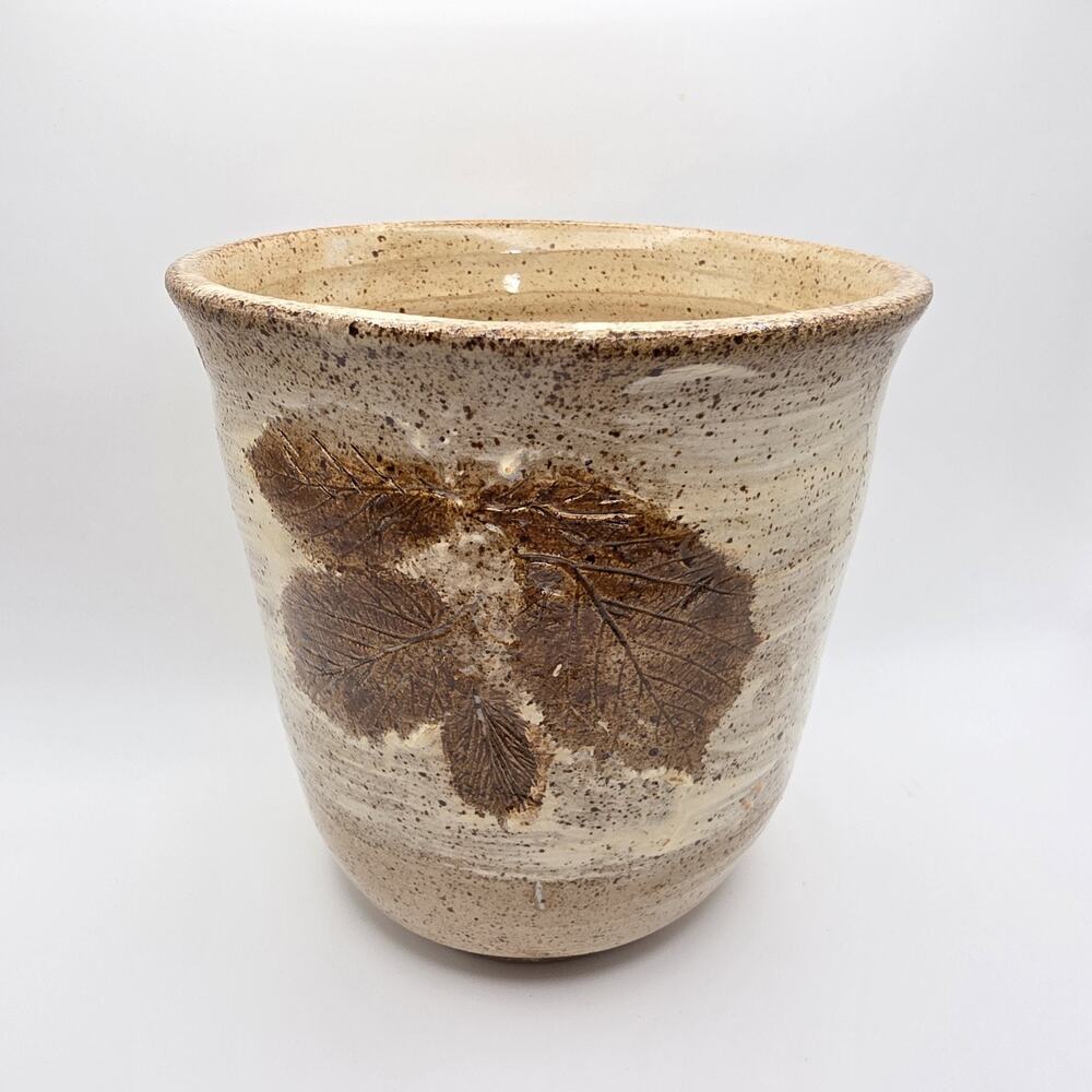 Studio Pottery Leaf Imprint Tumbler Mug Handmade Rustic Stoneware Cup 4.5"